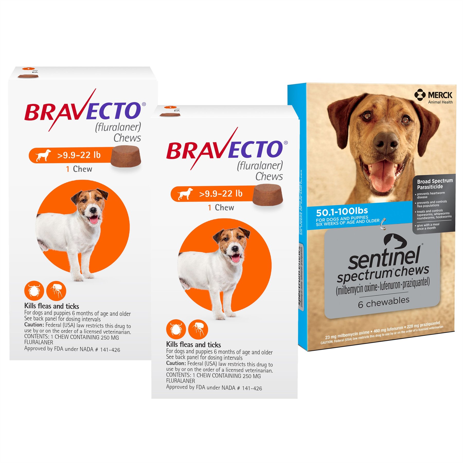 Bravecto CHEW, 9.9-22 lbs, (Orange Box), 2 Chews (6-mos. supply) + Sentinel Spectrum CHEW for Dogs, 50.1-100 lbs, (Blue Box), 6 Chews (6-mos. supply)
