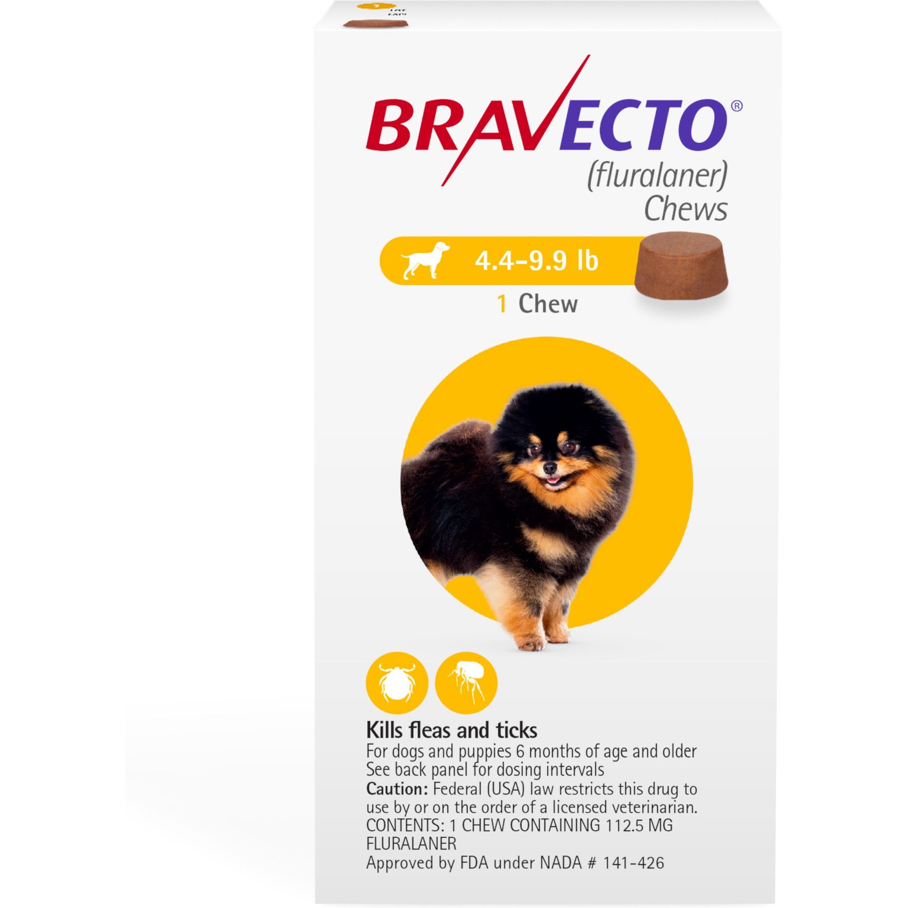 4.4-9.9 lbs, Bravecto Chews for Dogs, 1 treatment, 112.5 mg Fluralaner