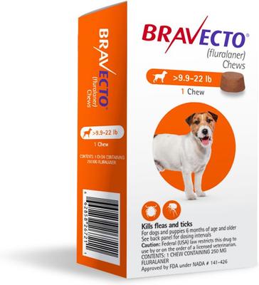 Show full view: Bravecto Chew for Dogs, 9.9-22 lbs, (Orange Box), 1 Chew (12-wks. supply) slide 2 of 10