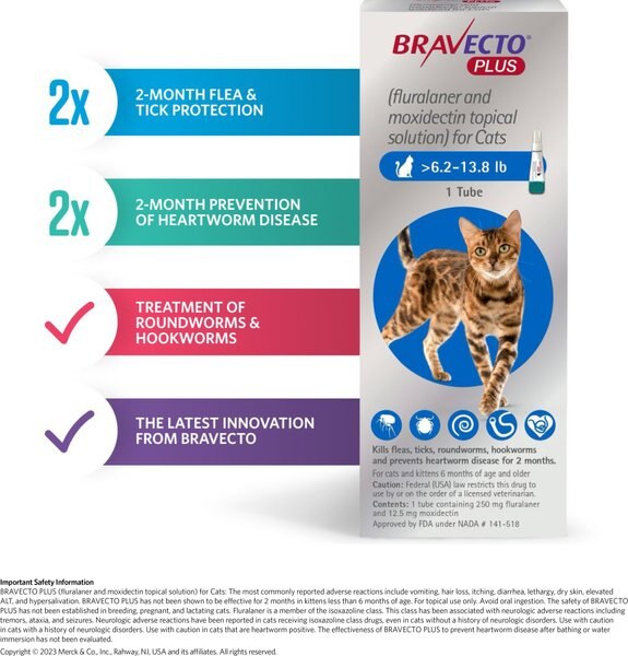 Bravecto Plus Topical Solution for Cats, 2.6-6.2 lbs, (Green Box)
