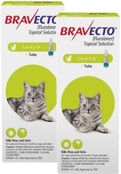Bravecto Topical Solution for Cats, 2.6-6.2 lbs, (Green Box), 2 Doses (24-wks. supply)