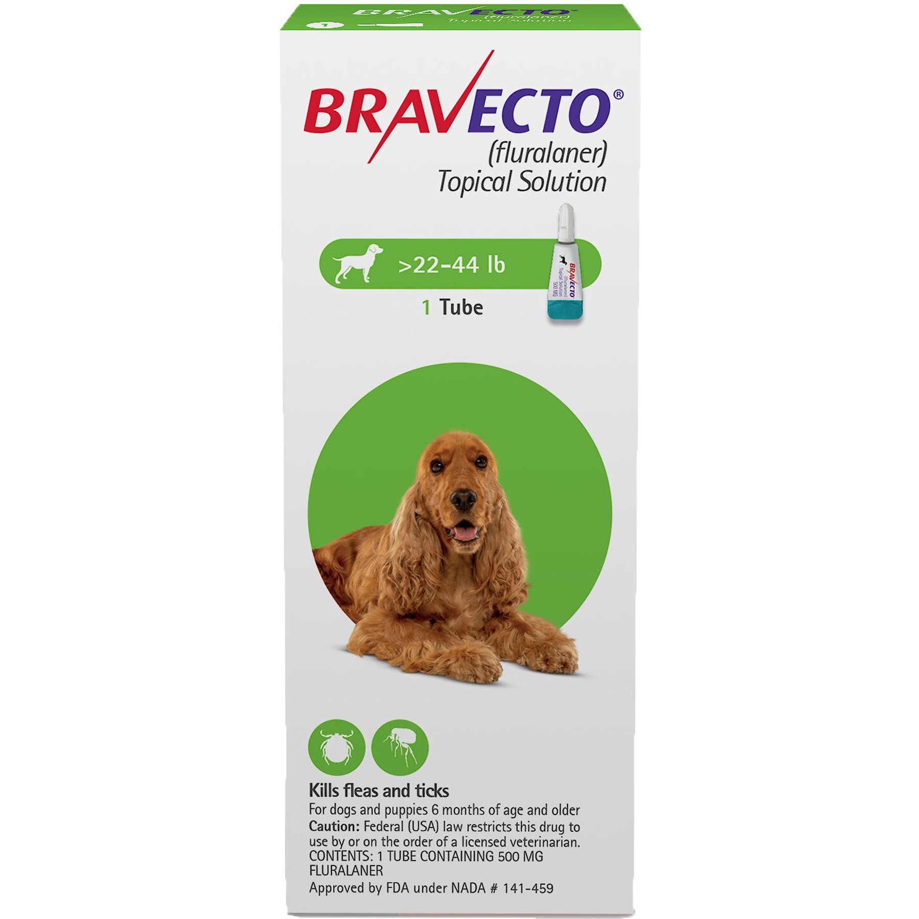 22-44 lbs, Bravecto Topical Solution for Dogs, 1 treatment, 500 mg Fluralaner