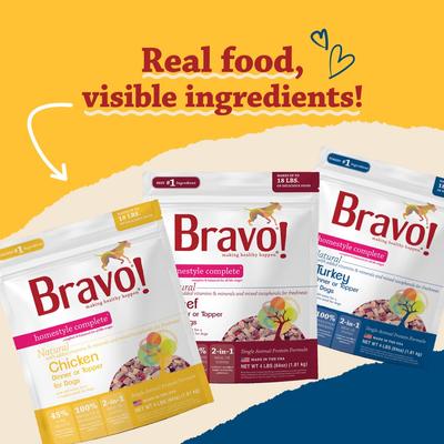 Show full view: Bravo! Homestyle Complete Beef Dinner Grain-Free Freeze-Dried Dehydrated Dog Food, 2-lb bag slide 3 of 9