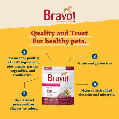 Show full view: Bravo! Homestyle Complete Beef Dinner Grain-Free Freeze-Dried Dehydrated Dog Food, 3-oz bag slide 6 of 9