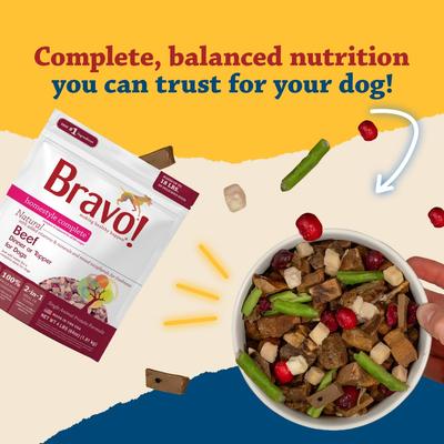 Show full view: Bravo! Homestyle Complete Beef Dinner Grain-Free Freeze-Dried Dehydrated Dog Food, 3-oz bag slide 4 of 9