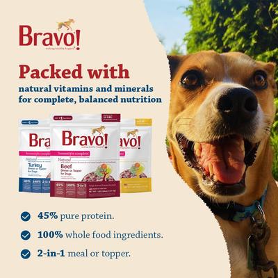Show full view: Bravo! Homestyle Complete Beef Dinner Grain-Free Freeze-Dried Dehydrated Dog Food, 3-oz bag slide 7 of 9