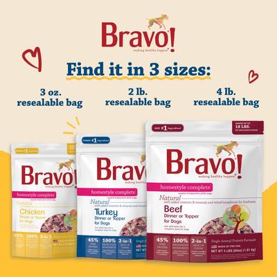 Show full view: Bravo! Homestyle Complete Beef Dinner Grain-Free Freeze-Dried Dehydrated Dog Food, 3-oz bag slide 8 of 9