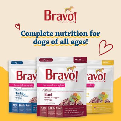 Show full view: Bravo! Homestyle Complete Chicken Grain-Free Adult Freeze-Dried Dehydrated Dog Food, 1.25-lb bag slide 5 of 11