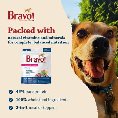 Show full view: Bravo! Homestyle Complete Turkey Dinner Grain-Free Freeze-Dried Dehydrated Dog Food, 3-oz bag slide 4 of 10