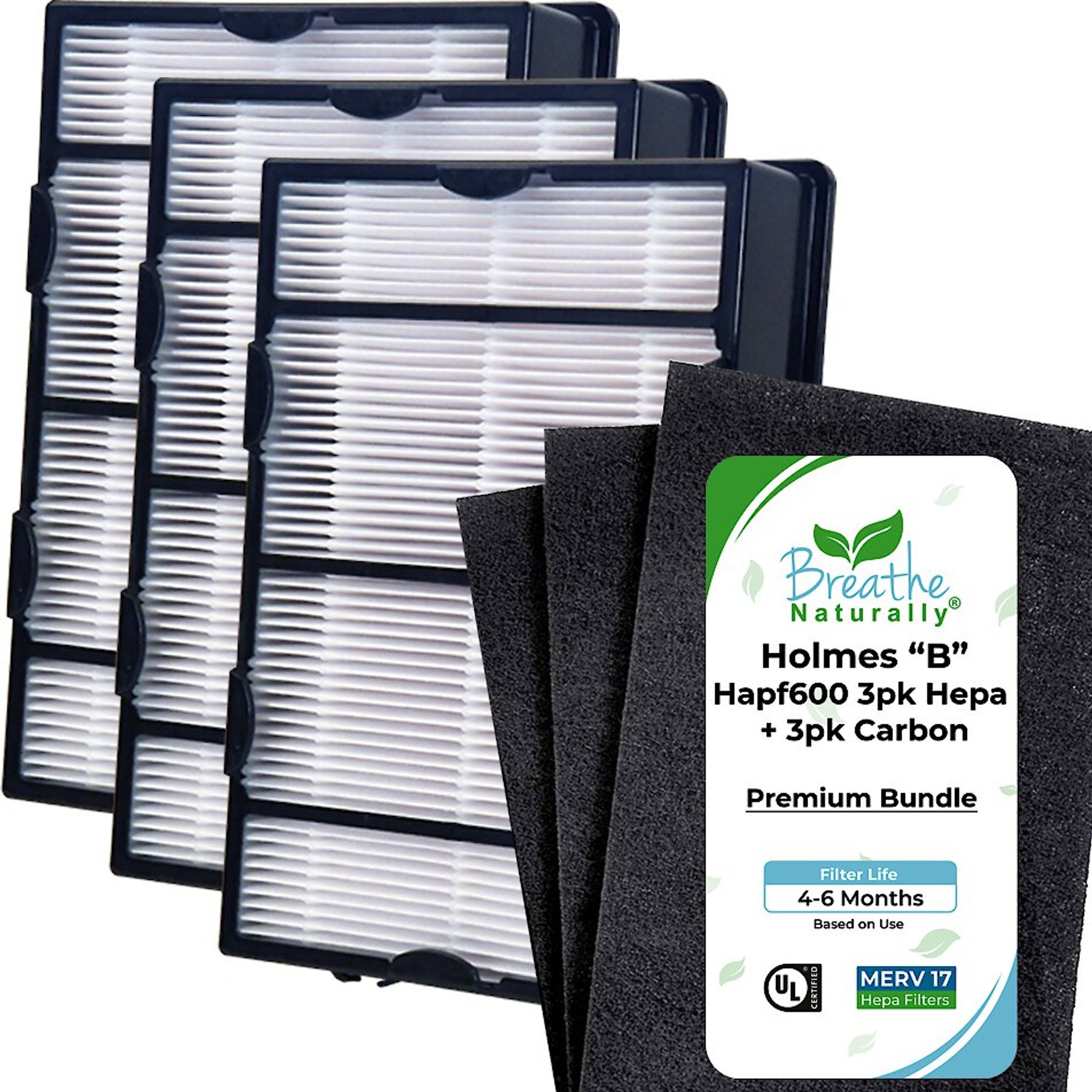 Breathe Naturally HEPA & Carbon Replacement Filters for Holmes HAPF600 Series Air Purifiers, 3 count Hepa & 3 count Filters