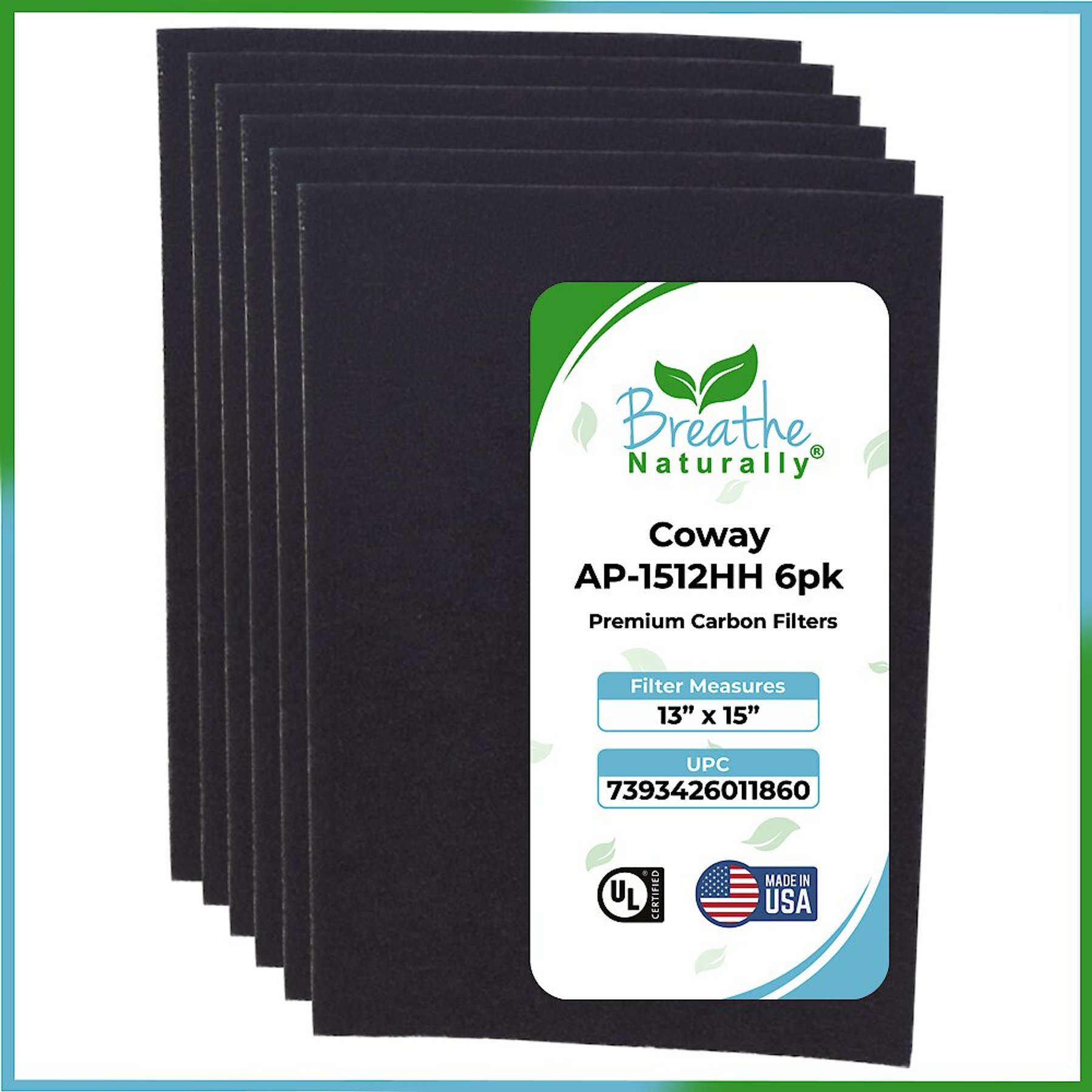 Breathe Naturally Replacement Carbon Prefilter for Coway AP-1512HH Series Air Purifiers, 6 count