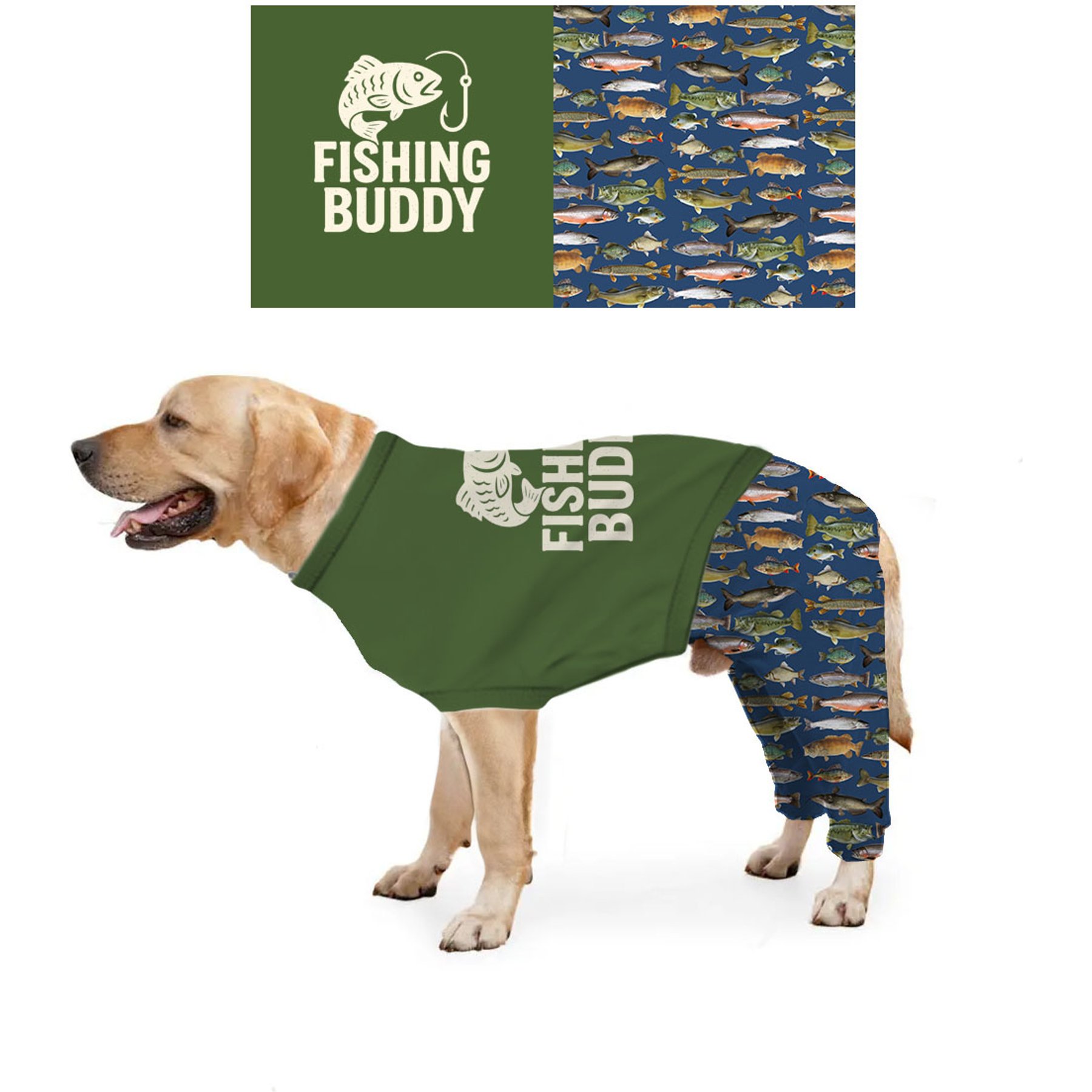 Brief Insanity Pup Insanity Fishing Buddy Machine Washable Dog Pajamas, Green, Small