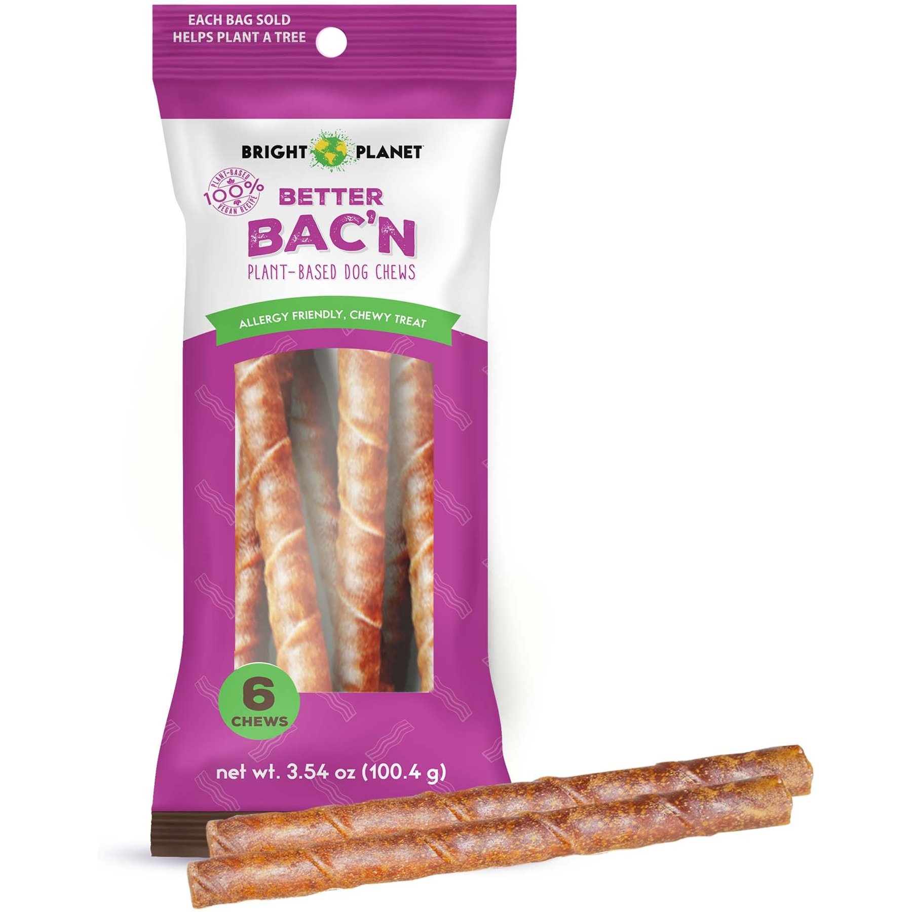 Bright Planet Pet Better Bac'n Plant-Based Bacon Flavor Dog Chews, 6 count