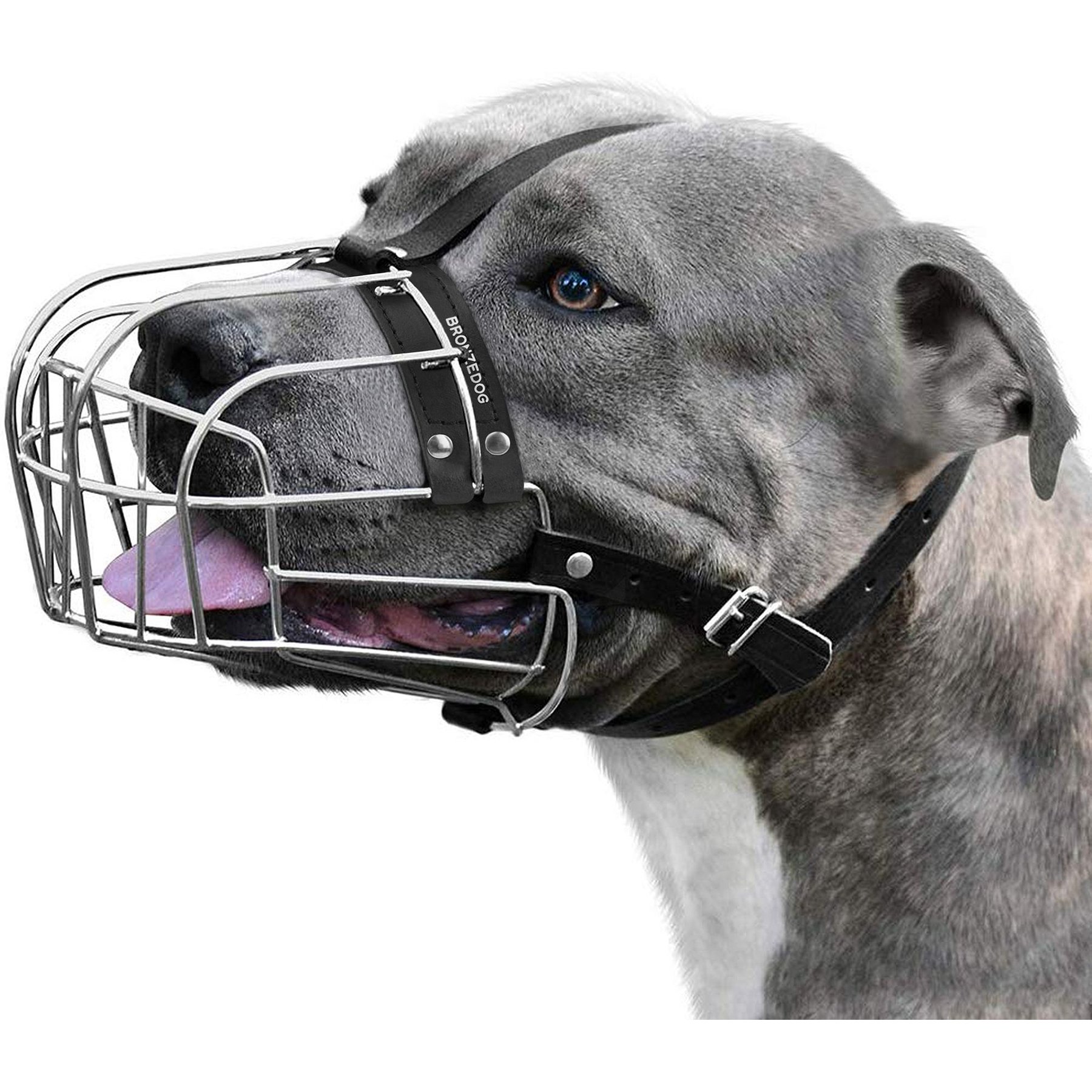 BRONZEDOG Adjustable Leather Strap Basket Muzzle for Large Dogs, Steel