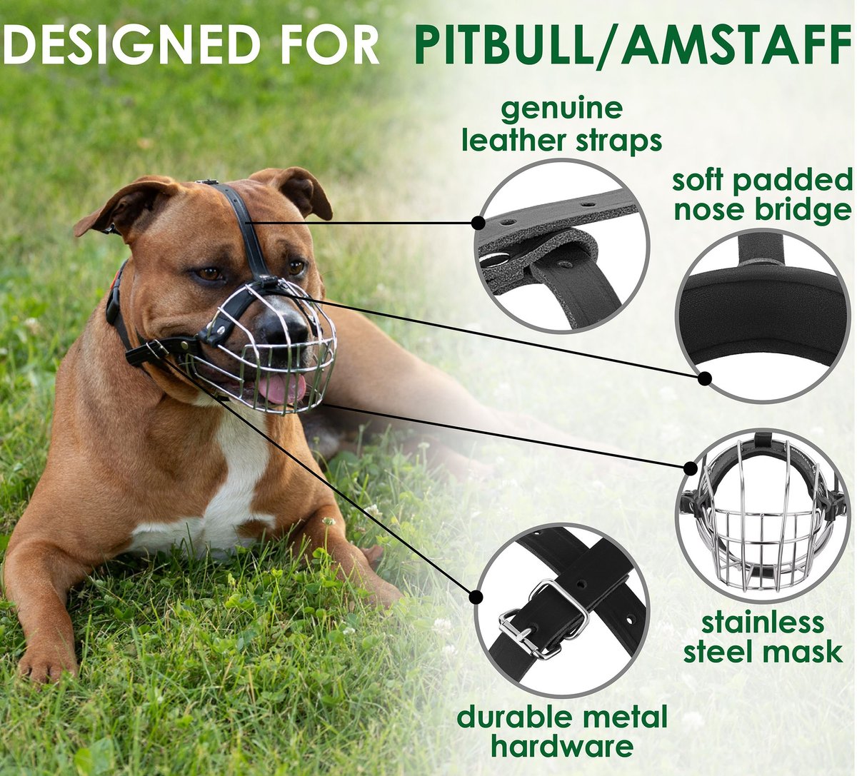 BRONZEDOG Adjustable Leather Strap Basket Muzzle for Large Dogs, Steel