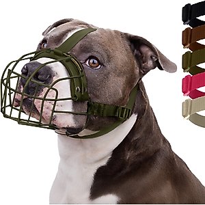 BRONZEDOG Pitbull Breathable Metal Basket Nylon Dog Muzzle, Large, Military Green