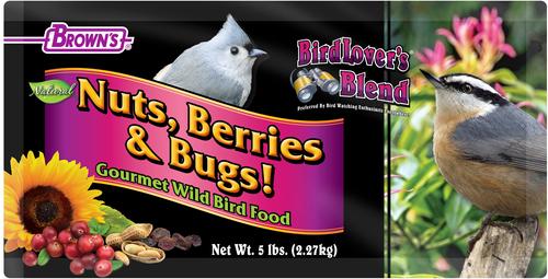 Show full view: Brown's Bird Lover's Blend Nuts, Berries & Bugs! Gourmet Wild Bird Food, 5-lb bag slide 3 of 9