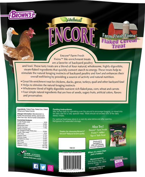 Show full view: Brown's Encore Natural Farm Fresh Fixins Flaked Cereal Bird Treats, 1.5-lb bag slide 2 of 6