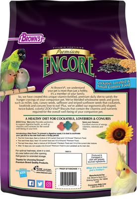 Show full view: Brown's Encore Premium Cockatiel Food, 5-lb bag slide 2 of 8