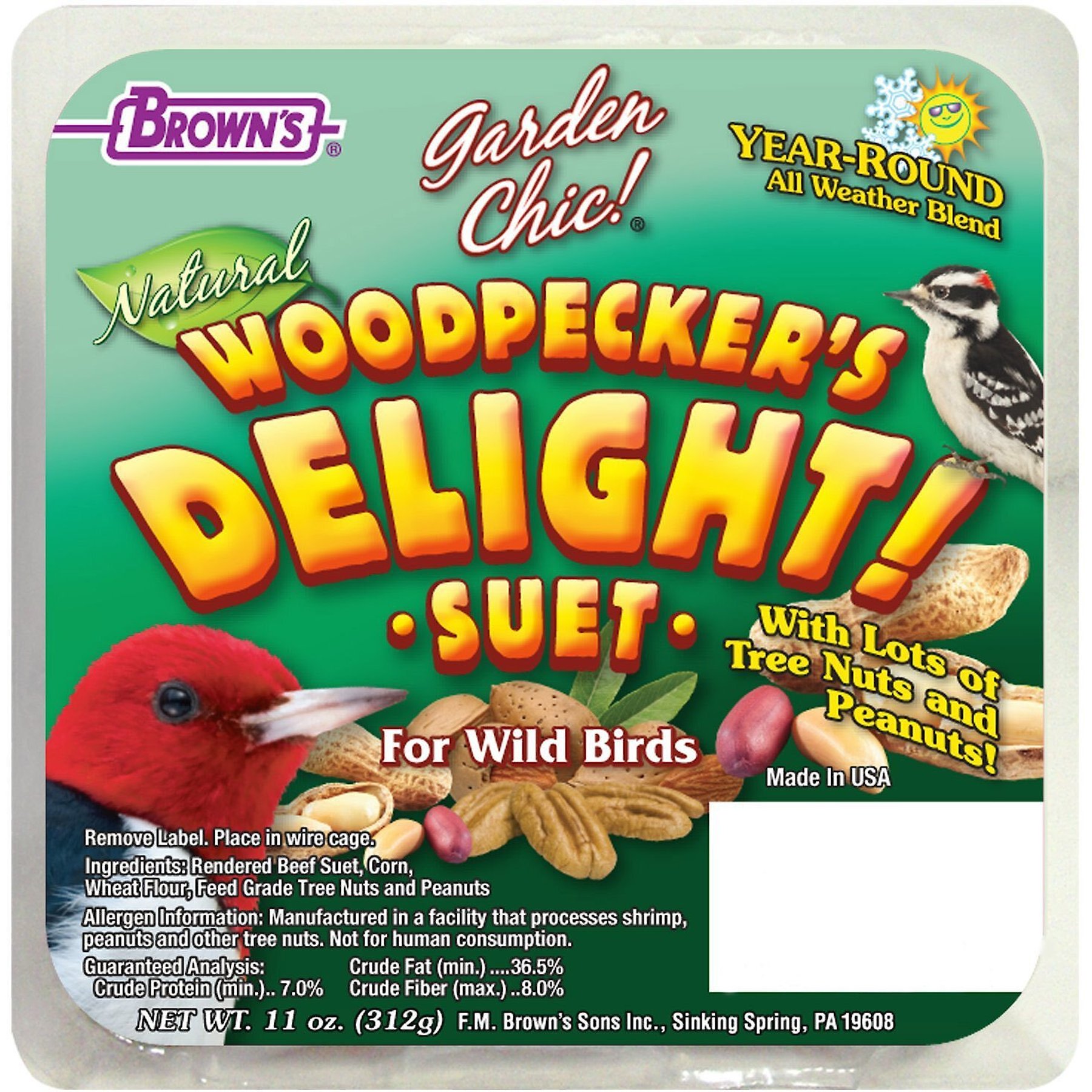Brown's Garden Chic! Woodpecker's Delight! Suet Wild Bird Food, 11-oz