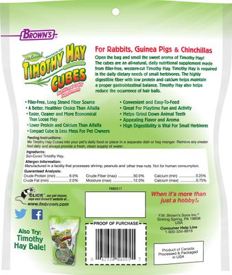 Show full view: Brown's Natural Timothy Hay Cubes Chinchilla, Guinea Pig & Rabbit Food, 10-oz slide 2 of 7
