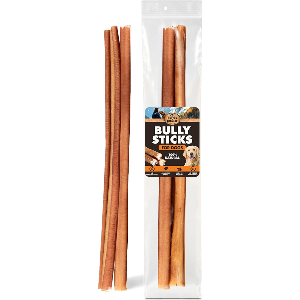 Brutus & Barnaby 12-Inch Single Ingredient High Protein & Rawhide-Free Bully Sticks Dog Chews, 2 count