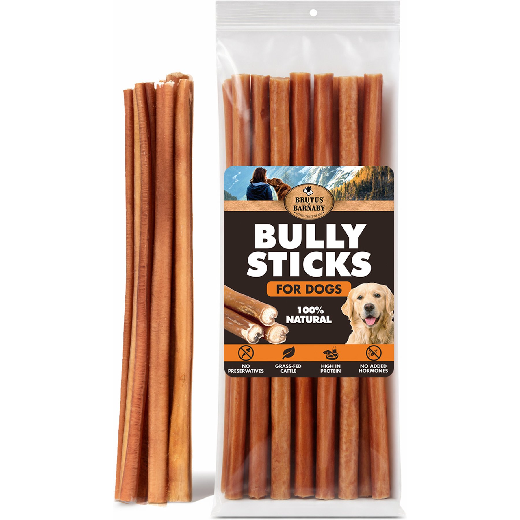 Brutus & Barnaby 12-Inch Single Ingredient High Protein & Rawhide-Free Bully Sticks Dog Chews, 8 count