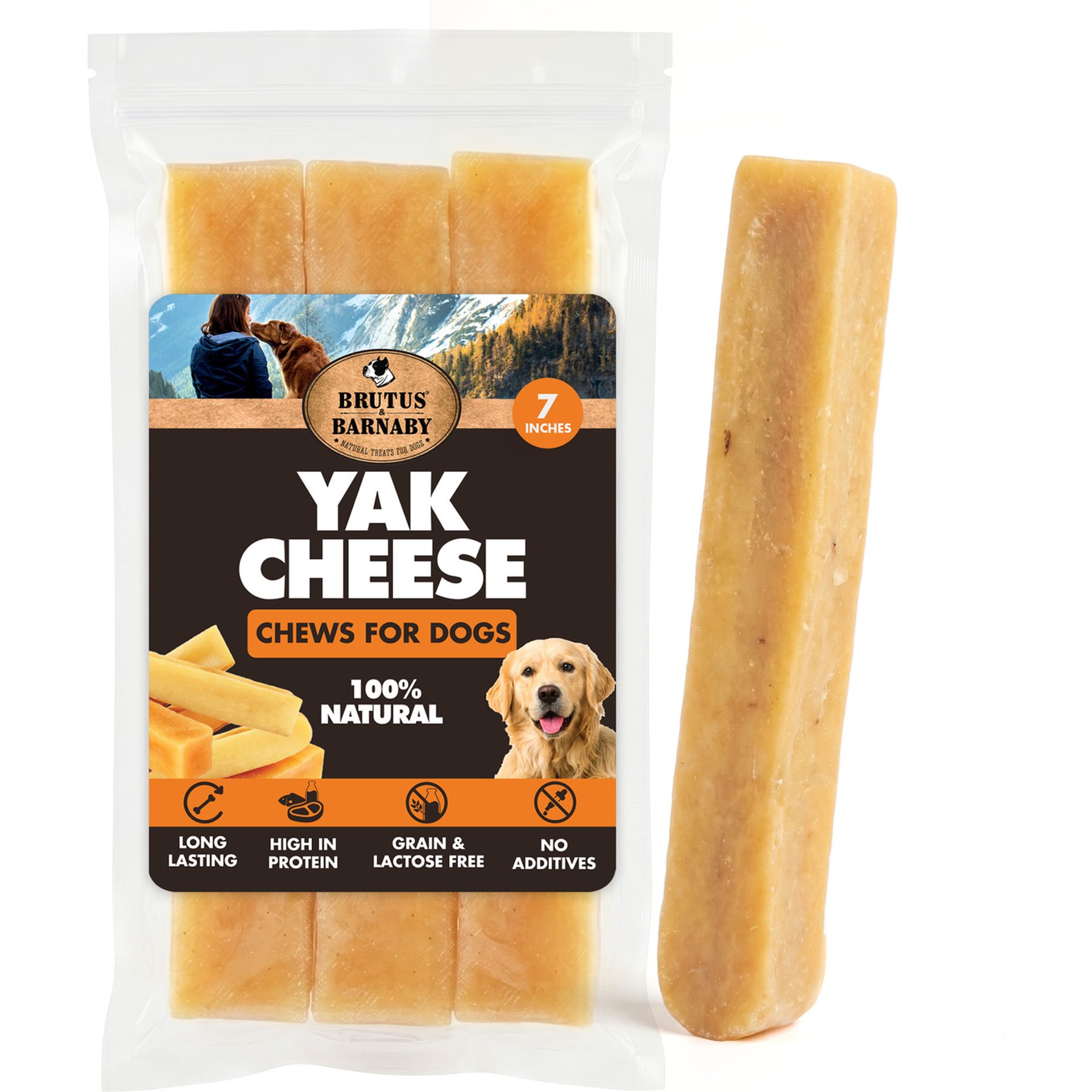 Brutus & Barnaby 7-inch Jumbo 100% Natural Himalayan Yak Cheese Grain-Free Chew Treats for Large Dogs, 3 count