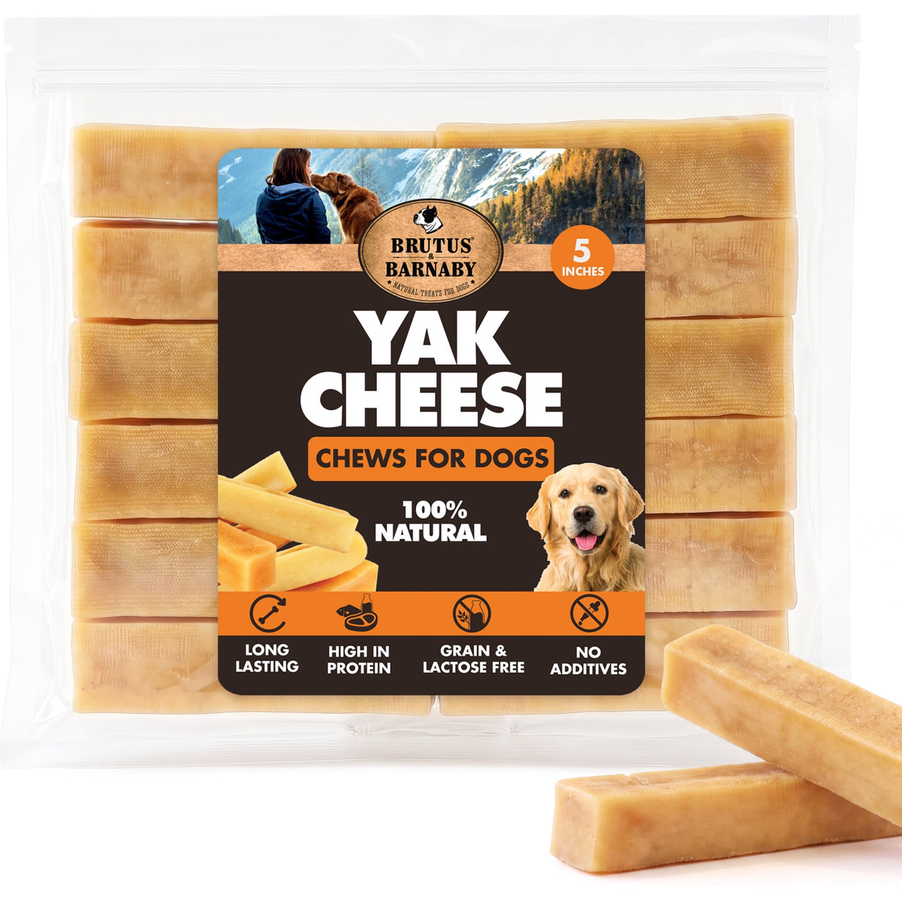 Brutus & Barnaby Long Lasting 5-in Gold Himalayan Yak Cheese Natural Dog Chew Treats, 12 count