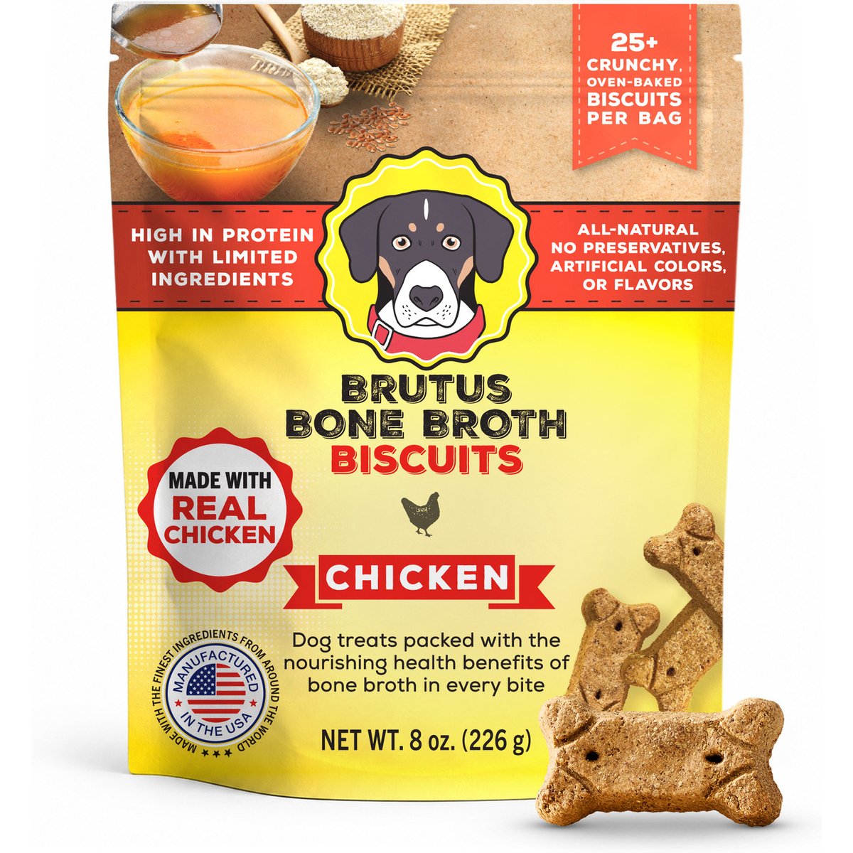 Brutus Broth Bone Broth Chicken Biscuits Natural Limited Ingredient Crunchy Dog Treats, 8-oz bag