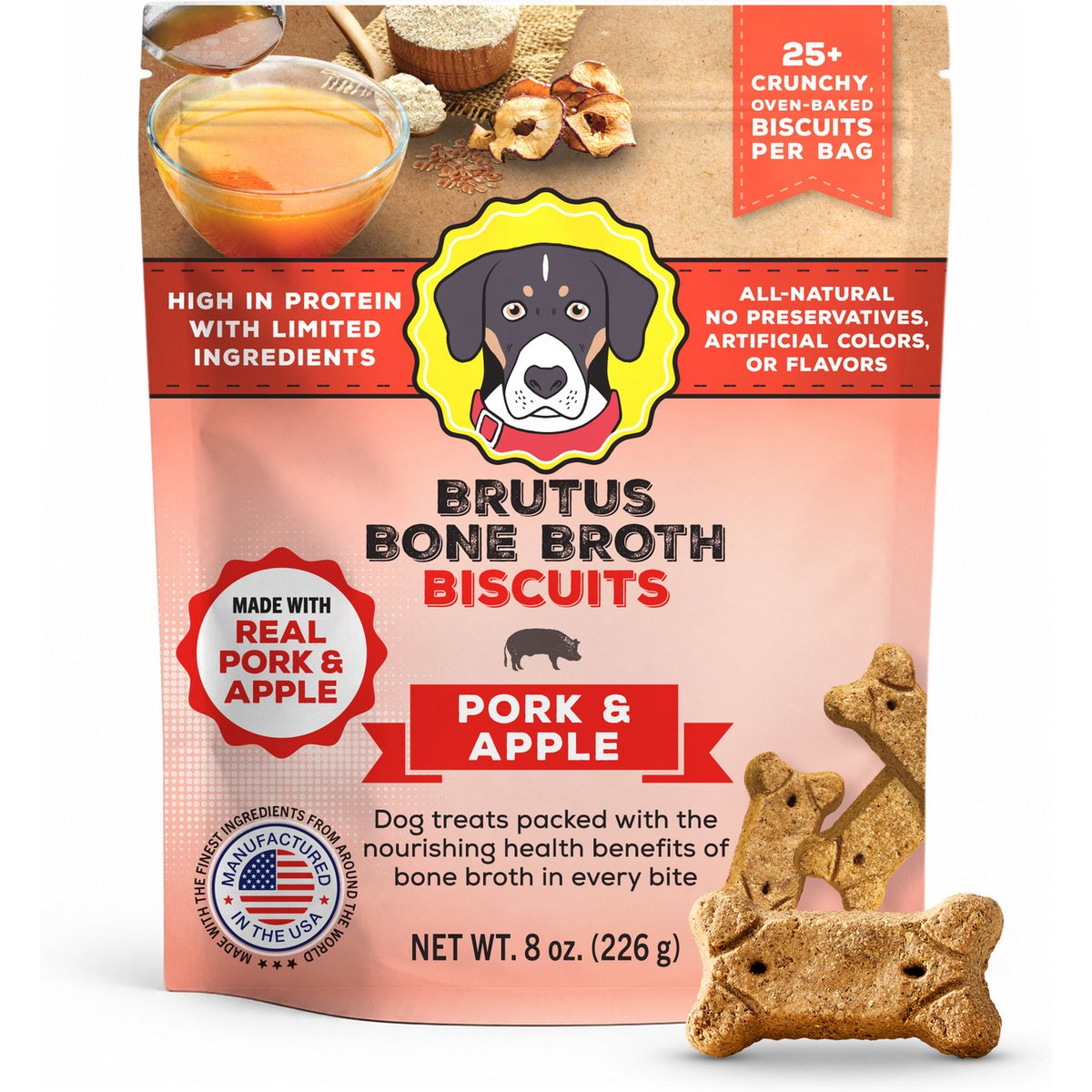 Brutus Broth Bone Broth Pork & Apple Biscuits Natural Limited Ingredient Crunchy Dog Treats, 8-oz bag​