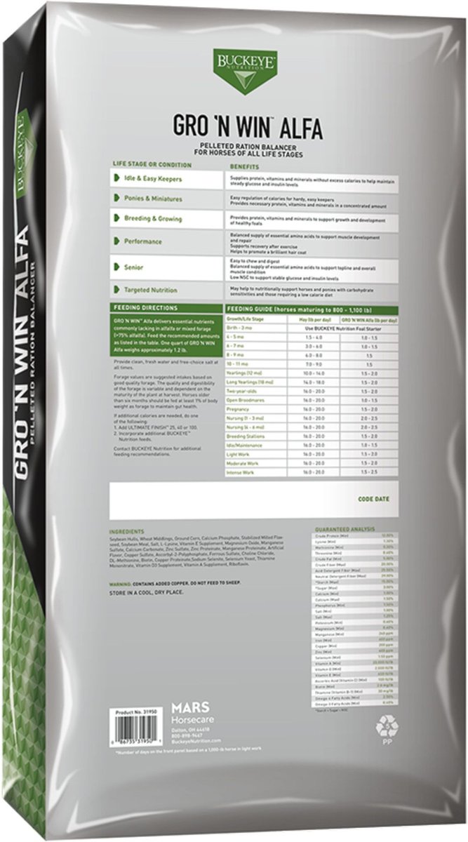 BUCKEYE NUTRITION Gro 'N Win Alfa Horse Feed, 50lb bag