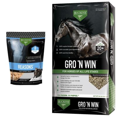 Show full view: Buckeye Nutrition Gro 'N Win Pelleted Feed + Reasons Joint Support Horse Treats slide 1 of 9