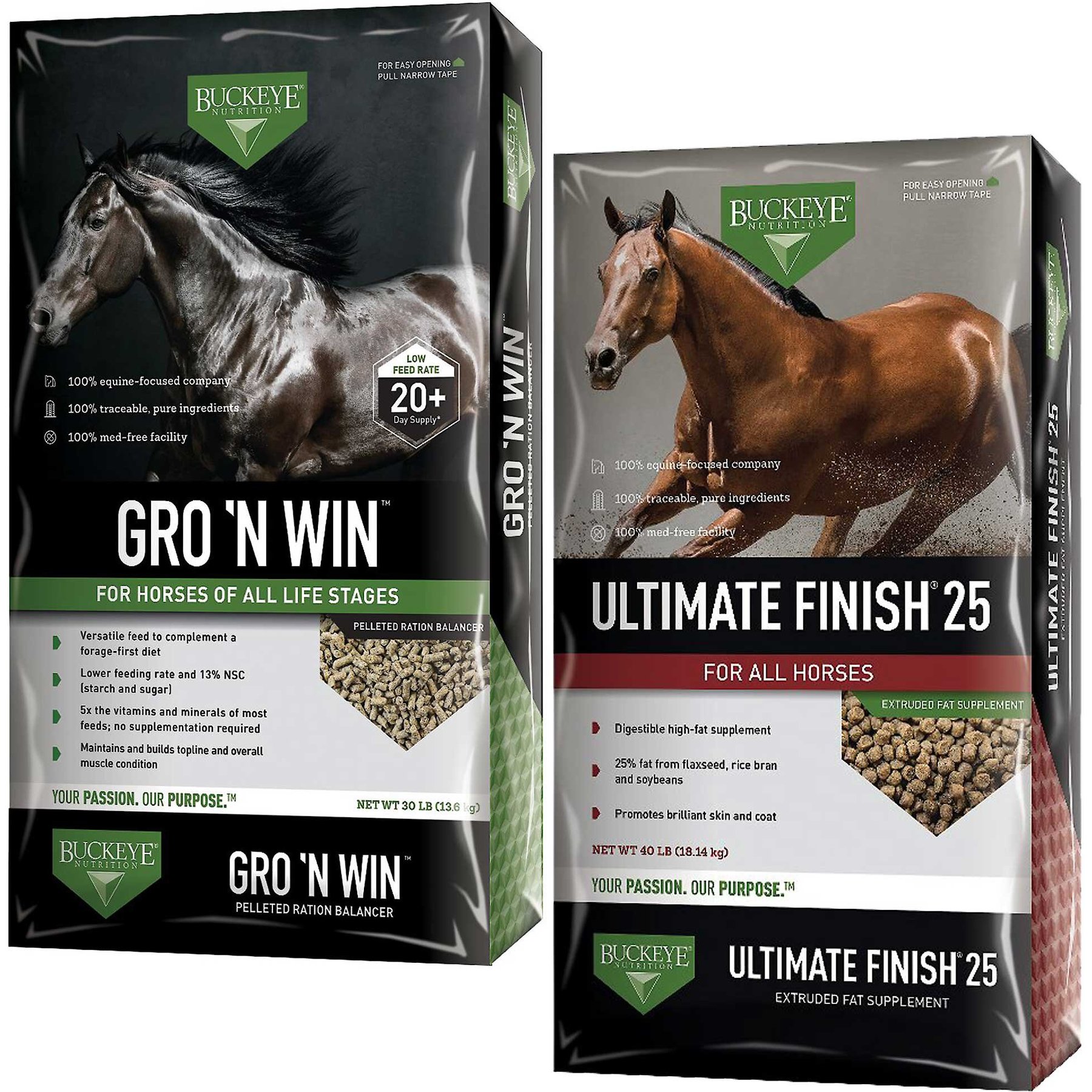 Buckeye Nutrition Gro 'N Win Pelleted Feed + Ultimate Finish 25 High-Fat Weight Gain Pellets Horse Supplement