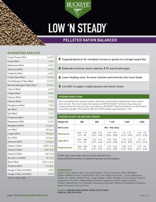 Show full view: Buckeye Nutrition Low 'N Steady Low Sugar Low Starch Horse Feed, 40-lb bag slide 5 of 6