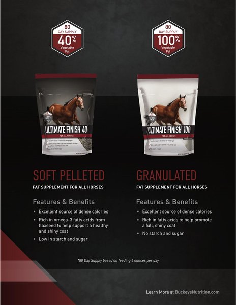 Show full view: Buckeye Nutrition Ultimate Finish 100 Weight Gain Granules Horse Supplement, 20-lb soft pack slide 4 of 5
