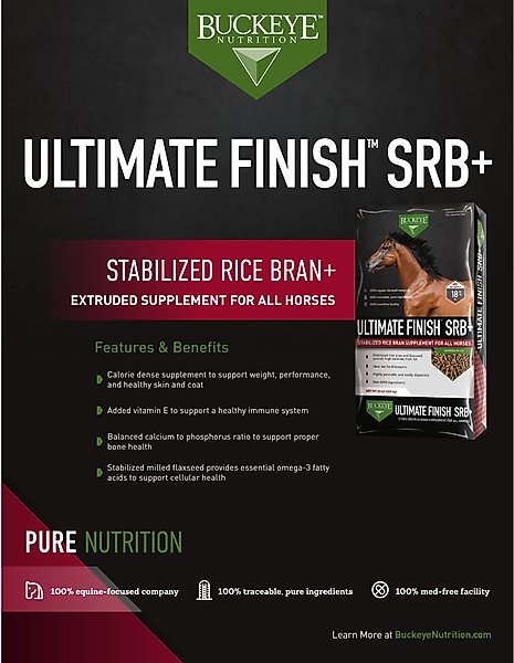 Show full view: Buckeye Nutrition Ultimate Finish SRB+ Stabilized Rice Bran Pellets Horse Supplement, 30-lb bag slide 4 of 5
