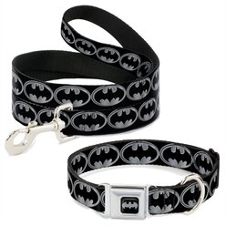 Buckle-Down Batman Shield Leash, Black/Silver + Batman Shield Dog Collar, Medium: 11 to 16.5-in neck, 1-in wide