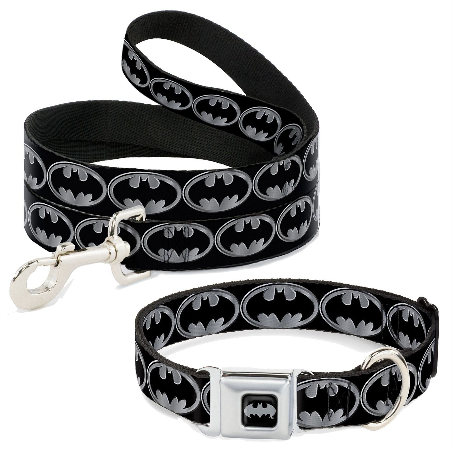 Buckle-Down Batman Shield Leash, Black/Silver + Batman Shield Dog Collar, Medium: 11 to 16.5-in neck, 1-in wide