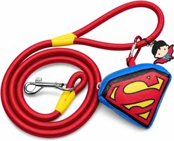 Buckle-Down DC Comics Embellishment Dog Leash with Waste Bag Dispenser, Red, 4.5-ft long, 2.5-in wide