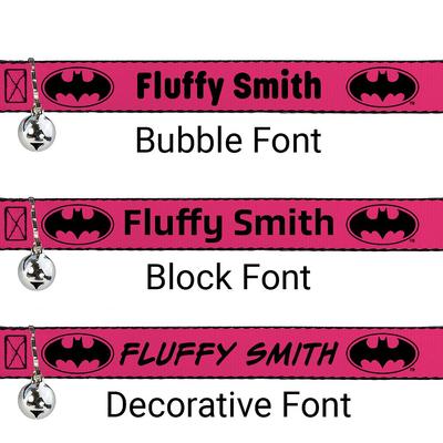 Show full view: Buckle-Down DC Comics Batman Signal Personalized Breakaway Cat Collar with Bell, Fuchsia & Black slide 3 of 3