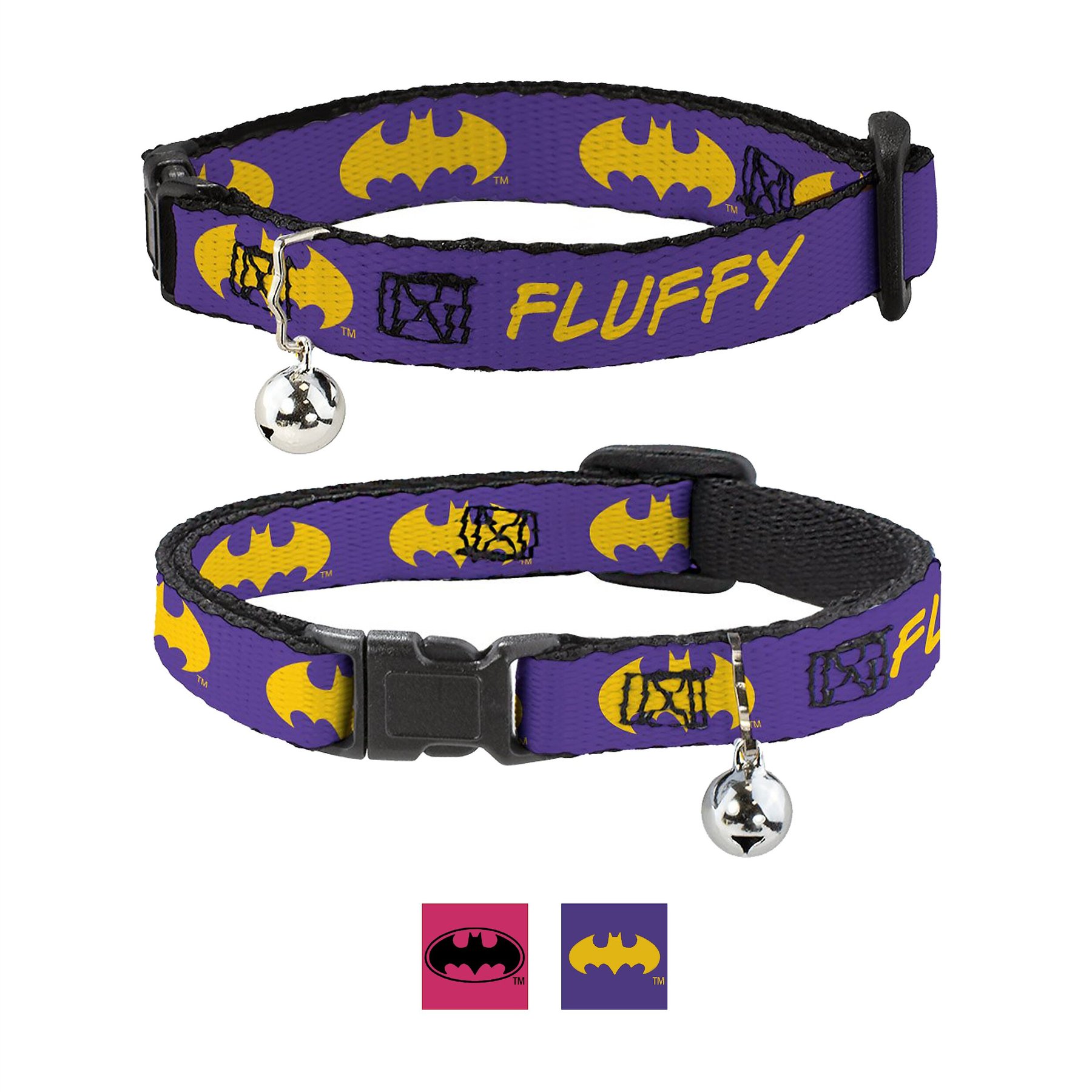 Buckle-Down DC Comics Batman Signal Personalized Breakaway Cat Collar with Bell, Purple & Yellow