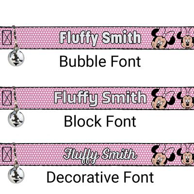 Show full view: Buckle-Down Disney Minnie Mouse Expressions Polka Dot Personalized Breakaway Cat Collar with Bell slide 2 of 3