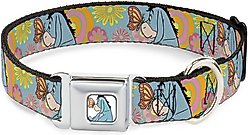 Buckle-Down Disney Winnie the Pooh Eeyore Butterfly Pose Floral Collage Metal Seatbelt Buckle Polyster Dog Collar, Blue, Small: 13 to 17-in neck, 1.5-in wide