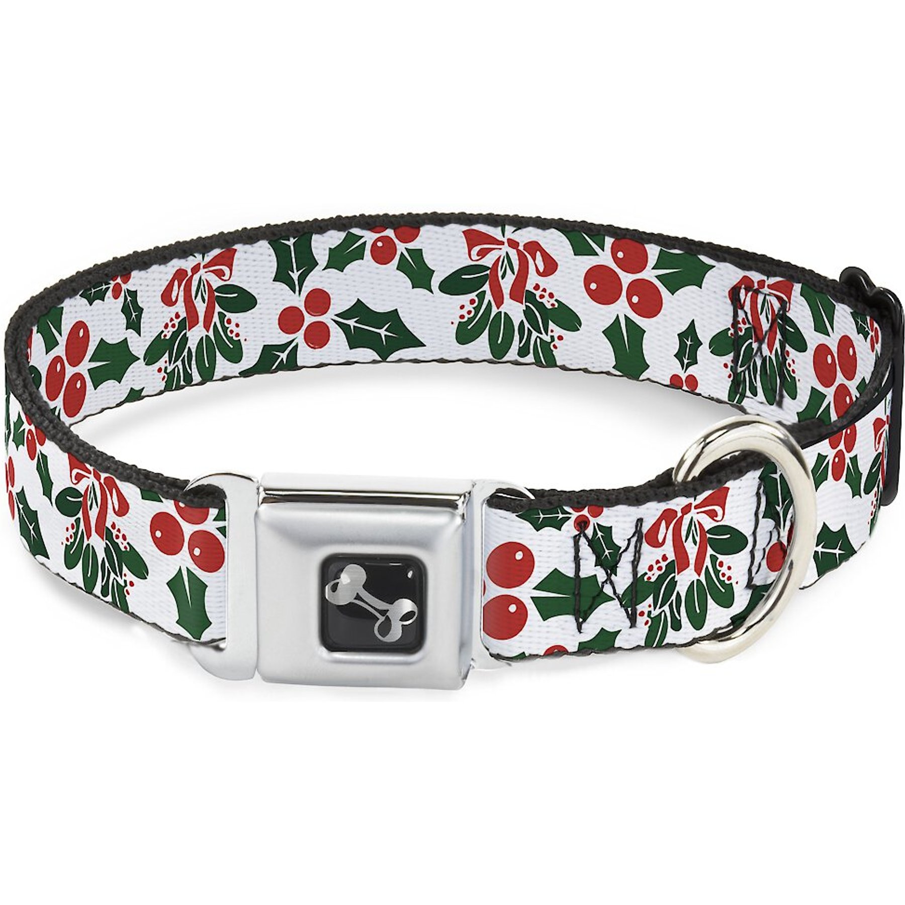 Buckle-Down Holly & Mistletoe Seatbelt Buckle Dog Collar, Medium