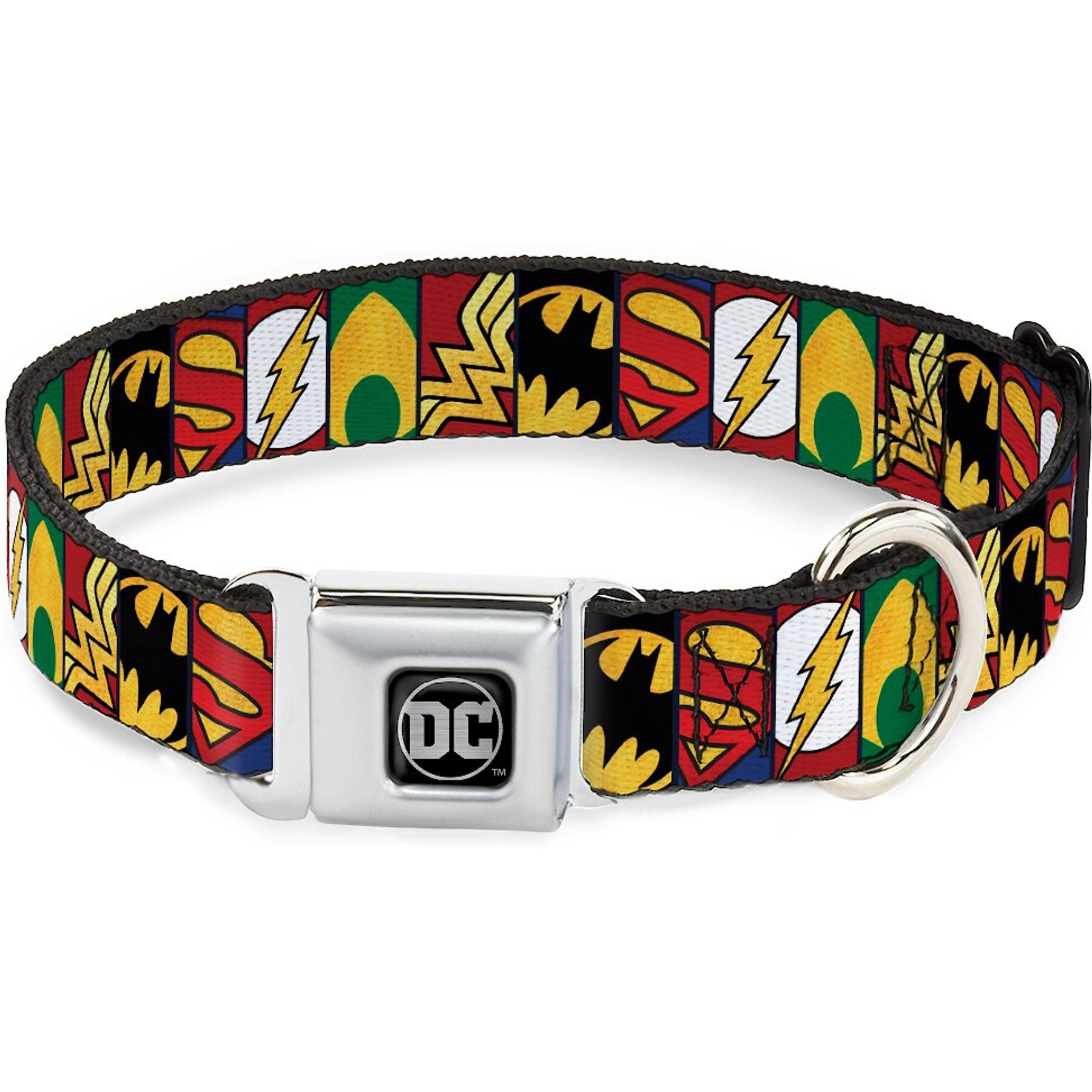 Buckle-Down Justice League 5-Superhero Logo Polyester Dog Collar, Medium Wide: 16 to 23-in neck, 1.5-in wide