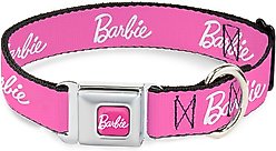 Buckle-Down Mattel Barbie Script Signature Logo Metal Seatbelt Buckle Polyester Dog Collar, Pink/White, Wide Medium: 16 to 23-in neck, 1.5-in wide