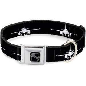 Buckle-Down Metal Seatbelt Buckle Airplane Silhouette Print Polyester Dog Collar, Black/White, Medium: 11 to 16.5-in neck, 1-in wide
