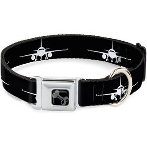 Buckle-Down Metal Seatbelt Buckle Airplane Silhouette Print Polyester Dog Collar, Black/White, Wide Medium: 16 to 23-in neck, 1.5-in wide