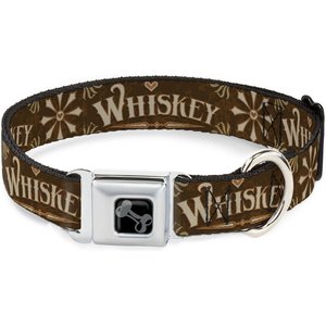 Buckle-Down Metal Seatbelt Buckle Western Whiskey Heart Repeat Polyester Dog Collar, Brown/Tan, Wide Medium: 16 to 23-in neck, 1.5-in wide